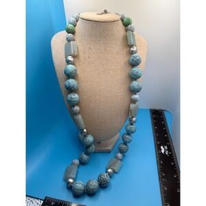 Dayne Chunky Statement Necklace Turquoise Blue Green Crackle Bead Silver Tone